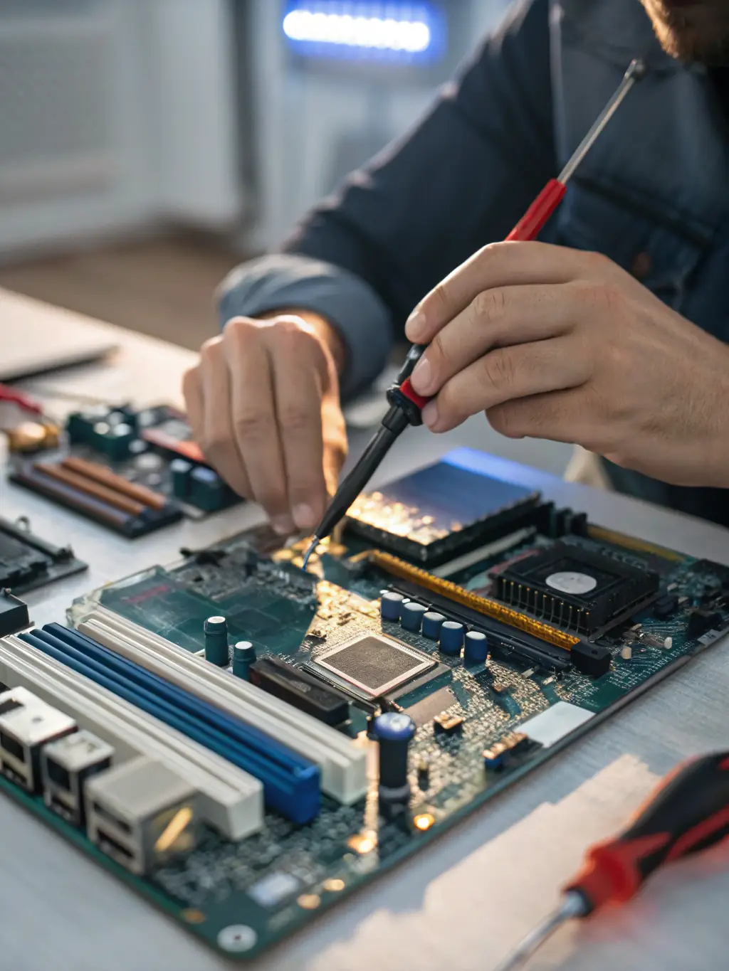 A close-up photo of a technician carefully repairing a desktop computer motherboard with precision tools, set in a clean, professional workshop environment for a computer repair business website.
