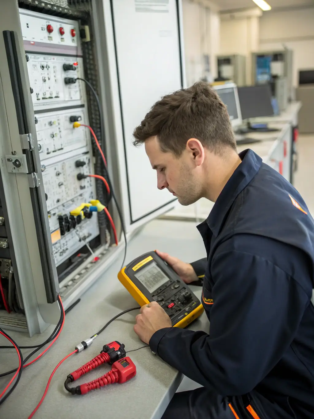 A professional technician in uniform performing diagnostics on a desktop PC with advanced testing equipment in a modern workshop.
