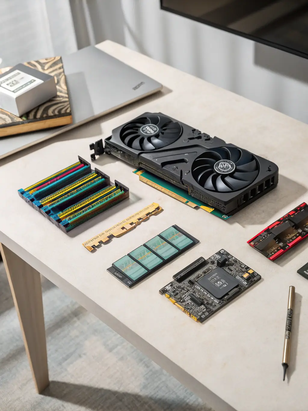 A detailed image of high-quality replacement parts, such as RAM modules and SSDs, neatly arranged next to a laptop, emphasizing the use of premium components.