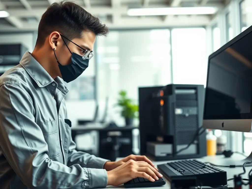 A close-up photo of a technician in a clean workspace quickly repairing a desktop computer, with tools and replacement parts neatly arranged, representing fast and efficient computer repair service.