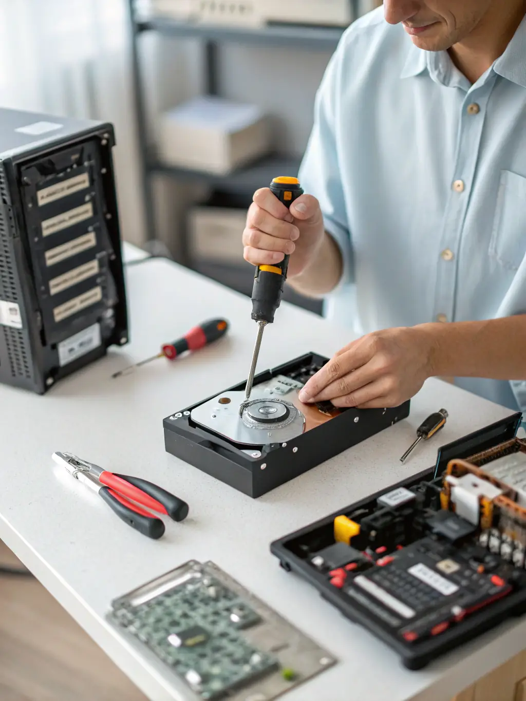 A close-up photo of a technician's hands carefully replacing a computer hard drive with professional tools on a clean workbench, representing fast and precise service.
