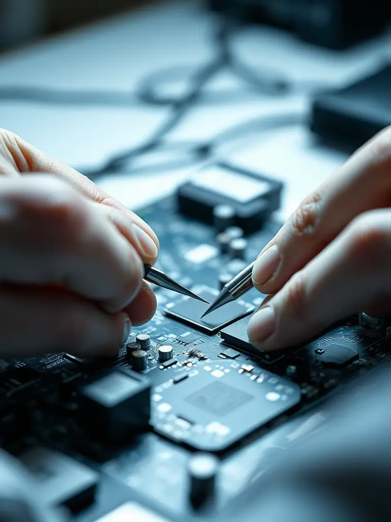 A modern laptop being disassembled on a workbench, with visible circuit boards and a technician’s hands using anti-static gloves, suitable for a computer maintenance service website.