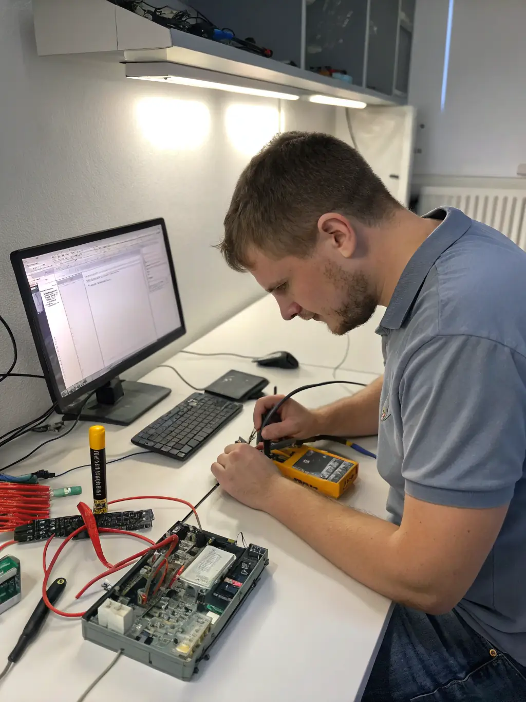 A technician running diagnostic software on a computer screen, with graphs and system health indicators visible, in a modern tech repair shop.
