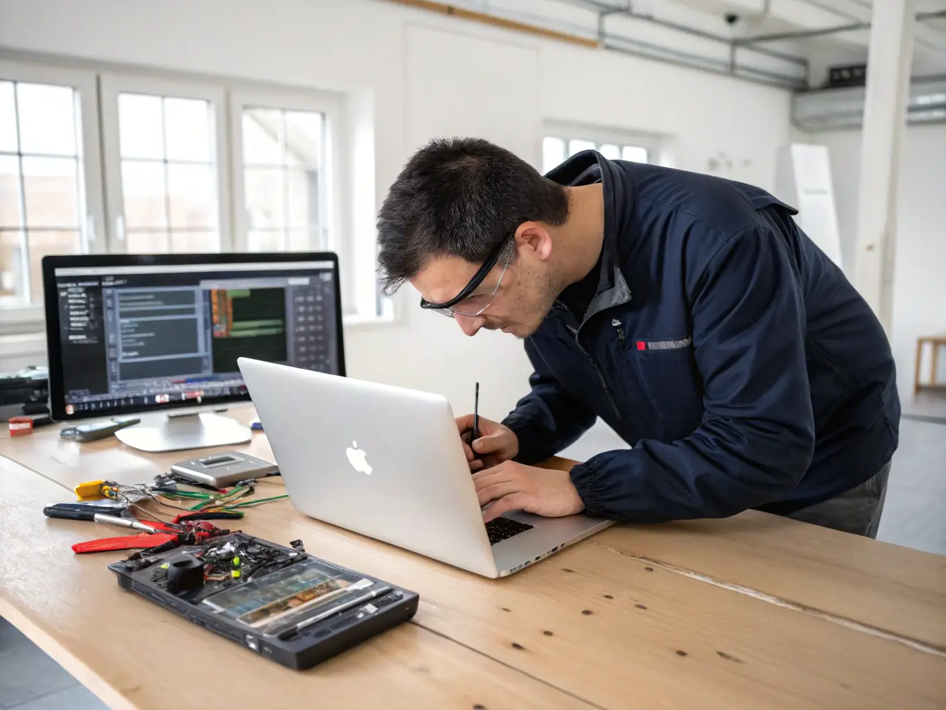 A professional technician in uniform running diagnostic software on a modern laptop, with certificates and tools visible in the background, highlighting expertise and professionalism.