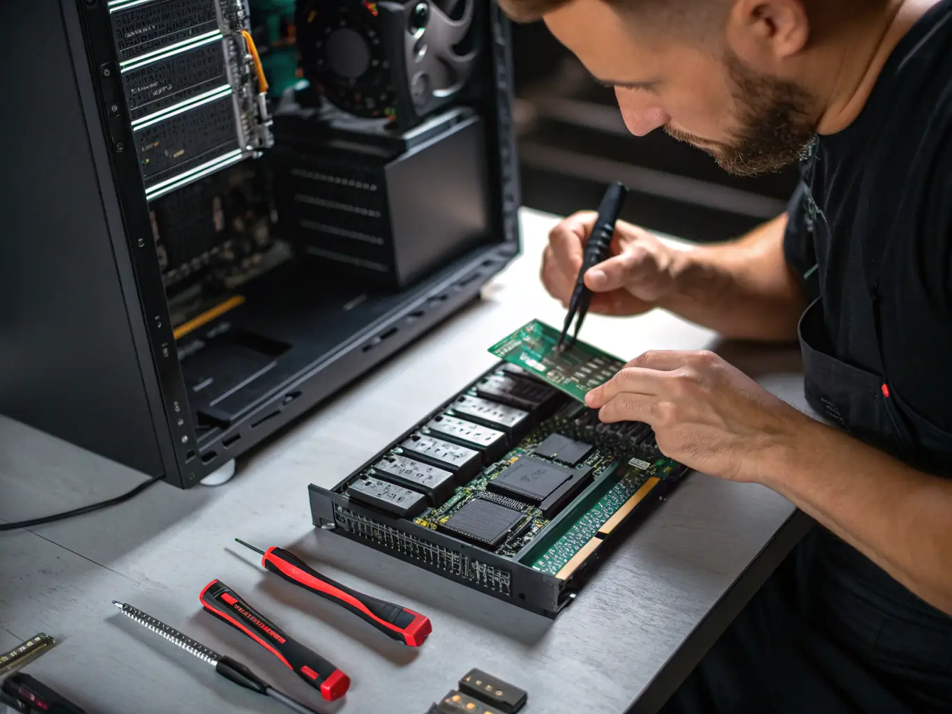 A detailed image of a technician carefully installing a new, branded computer component into a laptop, emphasizing the use of genuine, high-quality parts in a professional repair environment.